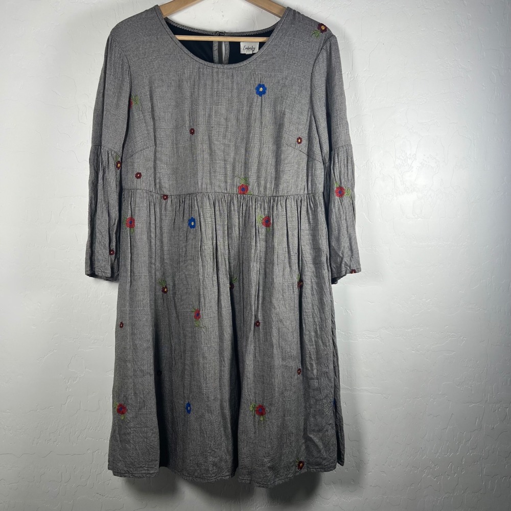 Emberly Grey Glen Plaid Floral Embroidered Bell Sleeve Dress Medium EM18096007
